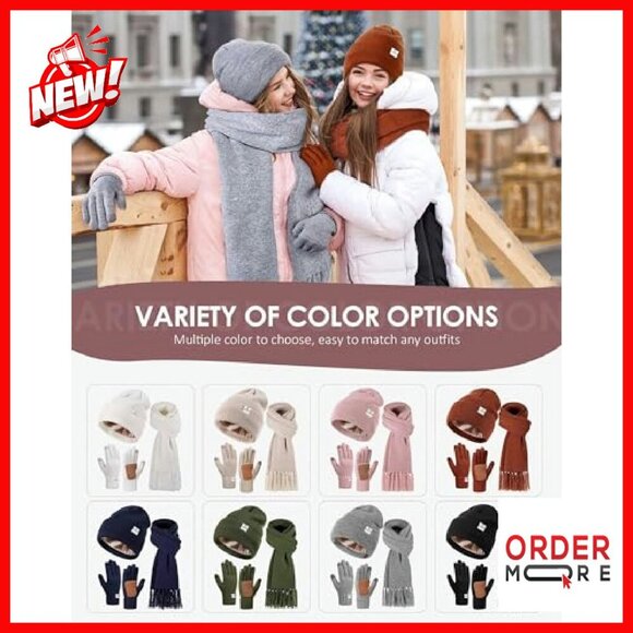 Satin Lined Beanie Scarf Gloves Set Winter Accessories Touchscreen
